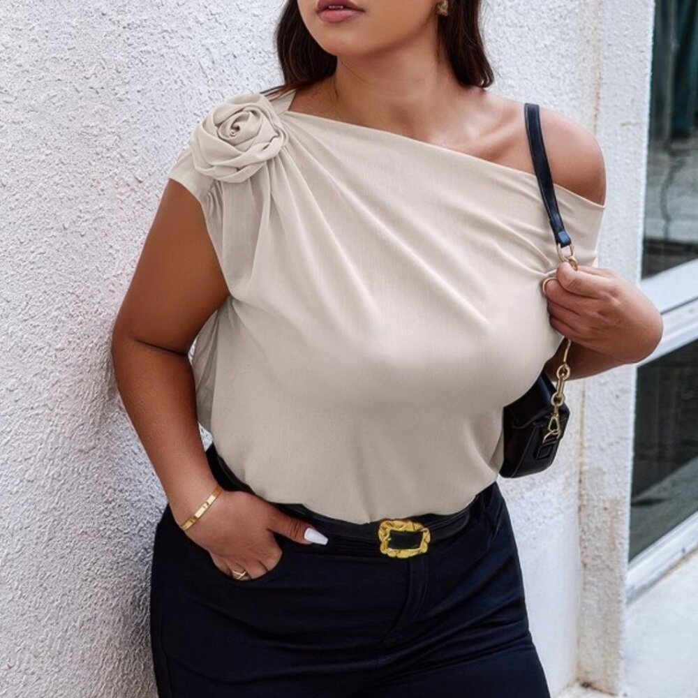 Beige Plus One Shoulder Top | Asymmetric Blouse with Floral Accent - Picture 2 of 4